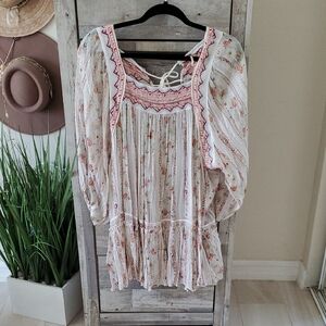 NWOT Free People Floral Boho Tunic in Cream and Coral/burgandy
